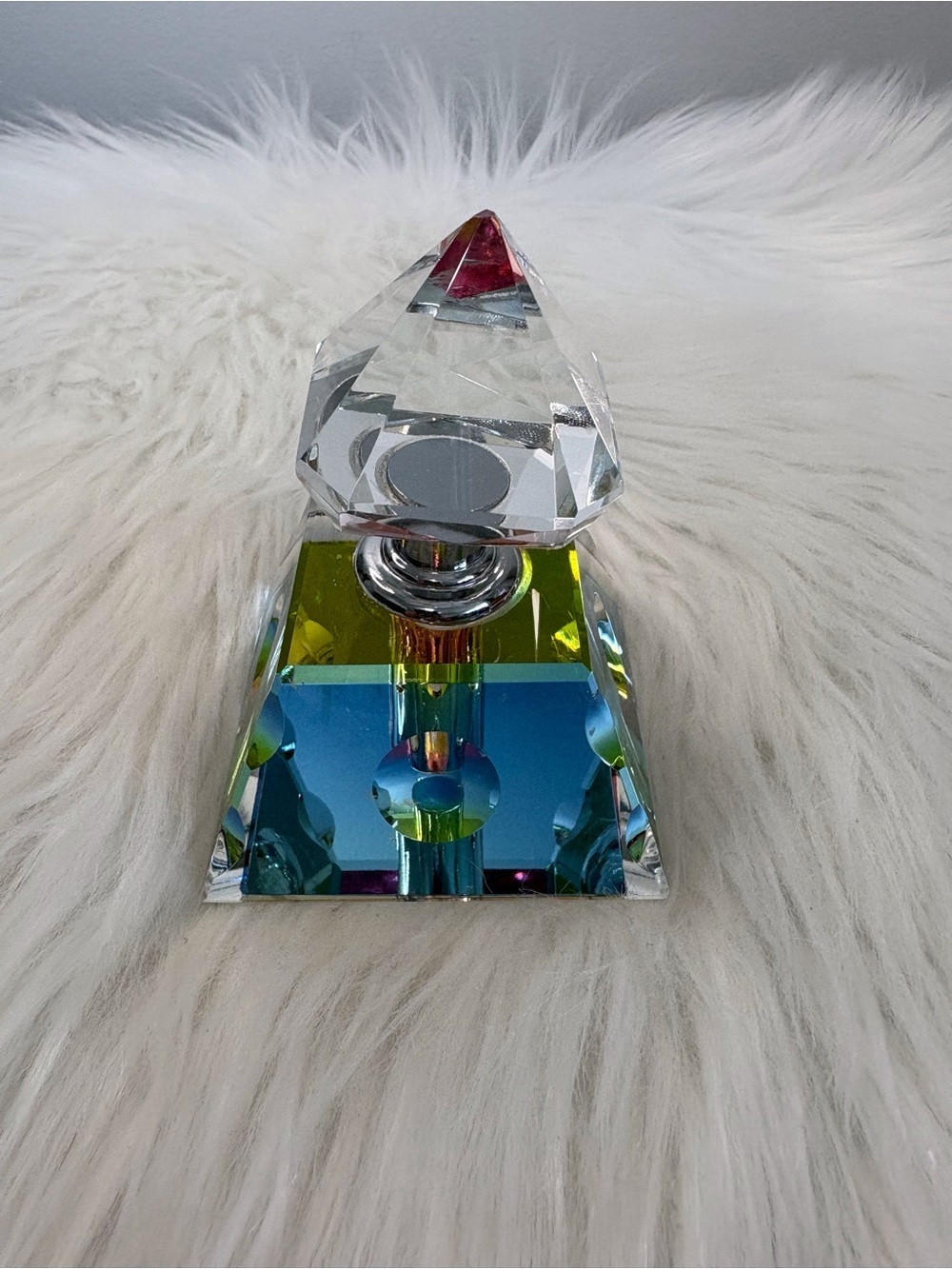 (119)Source Unknown Clear Crystal Pyramid with Blue, Green and Yellow Accents